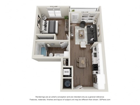 Floor plan for 1 bed, 1 bath, 693 sqft